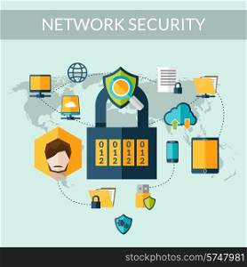 Network security concept with padlock and world map on background vector illustration
