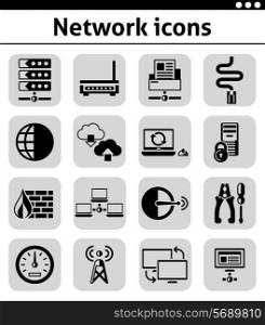 Network security control panel internet communication black icons set isolated vector illustration