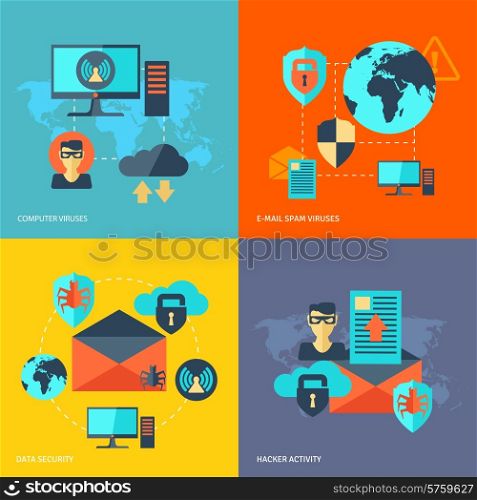 Network security design concept set with computer viruses e-mail spam hacker activity flat icons isolated vector illustration. Network Security Concept