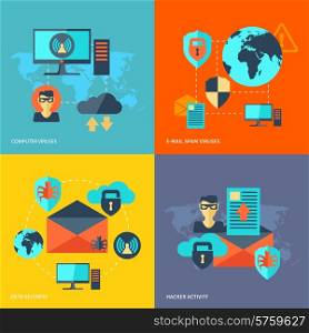 Network security design concept set with computer viruses e-mail spam hacker activity flat icons isolated vector illustration. Network Security Concept
