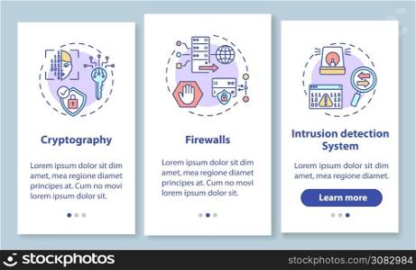 Network security onboarding mobile app page screen with concepts. Cryptography, firewall, intrusion detection walkthrough 3 steps graphic instructions. UI vector template with RGB color illustrations. Network security onboarding mobile app page screen with concepts