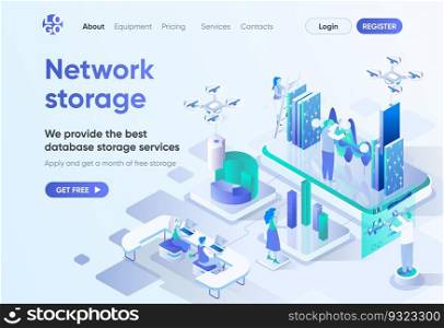 Network storage isometric landing page. Database storage service, modern hosting and backup technology. Data center template for CMS and website builder. Isometry scene with people characters.