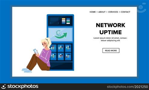 Network Uptime Of Server Digital Technology Vector. Network Uptime Of Computing Equipment, Young Girl Connect Internet And Searching Information Online. Character Web Flat Cartoon Illustration. Network Uptime Of Server Digital Technology Vector