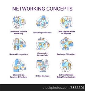 Networking concept icons set. Build professional connections. Expand business contacts idea thin line color illustrations. Isolated symbols. Editable stroke. Roboto-Medium, Myriad Pro-Bold fonts used. Networking concept icons set