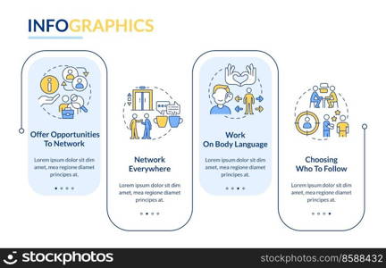 Networking expert rectangle infographic template. Develop sociable skills. Data visualization with 4 steps. Editable timeline info chart. Workflow layout with line icons. Lato Bold, Regular fonts used. Networking expert rectangle infographic template