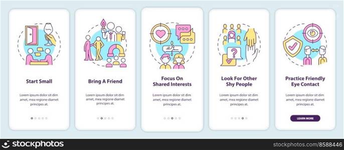 Networking for shy professionals onboarding mobile app screen. Guide walkthrough 5 steps editable graphic instructions with linear concepts. UI, UX, GUI template. Myriad Pro-Bold, Regular fonts used. Networking for shy professionals onboarding mobile app screen