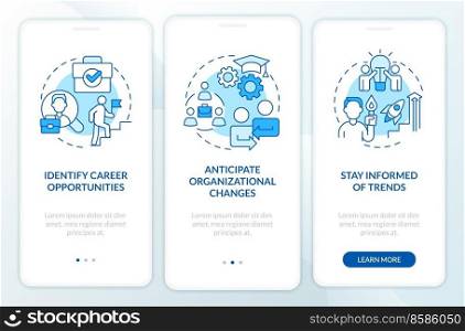 Networking goals blue onboarding mobile app screen. Business aims walkthrough 3 steps editable graphic instructions with linear concepts. UI, UX, GUI template. Myriad Pro-Bold, Regular fonts used. Networking goals blue onboarding mobile app screen