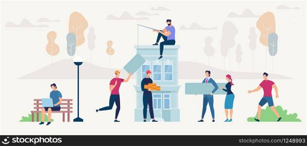 Networking People and new House Concept. Moving and Building set. Network, Digital Technologies and Messaging. People have Relocation. Flat style Vector Cartoon Illustration.. Moving and Building. Vector Illustration.