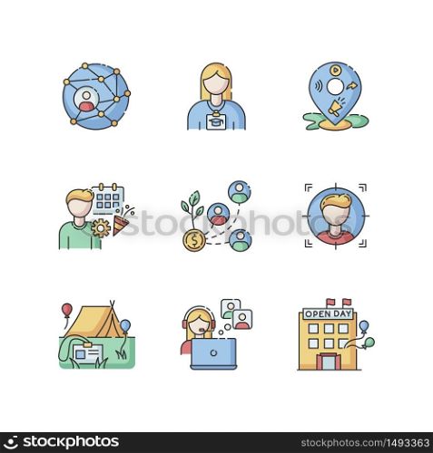 Networking RGB color icons set. Global networking. Corporate communication. Intern in company training. Promotion through local mass media. Successful investment. Isolated vector illustrations. Networking RGB color icons set