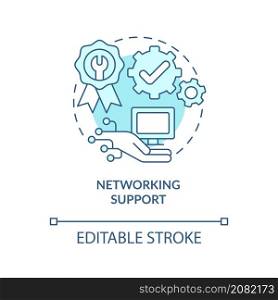 Networking support turquoise concept icon. Device communication. Repair type abstract idea thin line illustration. Isolated outline drawing. Editable stroke. Roboto-Medium, Myriad Pro-Bold fonts used. Networking support turquoise concept icon