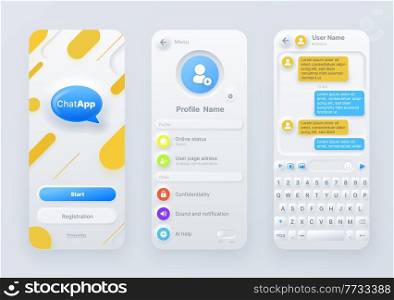 Neumorphic chat application interface, ui of mobile or web communication app. Messenger screen template vector kit with message bubbles, online dialog speech balloons, registration and profile page. Neumorphic chat application interface, vector ui