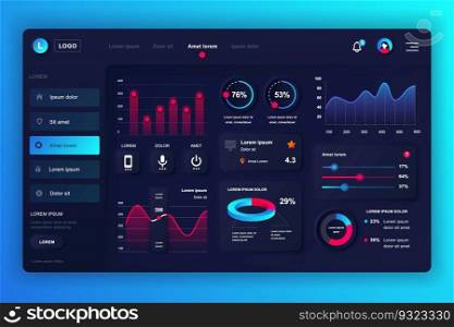 Neumorphic dashboard UI kit. Admin panel vector design template with infographic elements, HUD diagram, info graphics. Website dashboard for UI and UX design web page. Neumorphism style.