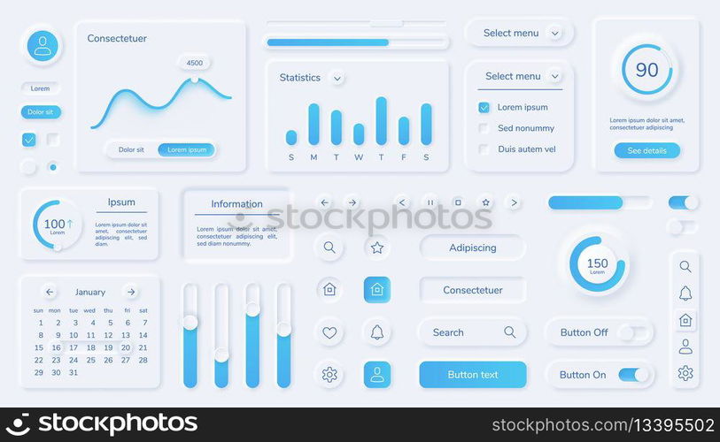 Neumorphic user interface elements, mobile app ui design kit. Buttons, bars, sliders in neumorphism style for website or dashboard vector set. Menu with different minimal components. Neumorphic user interface elements, mobile app ui design kit. Buttons, bars, sliders in neumorphism style for website or dashboard vector set