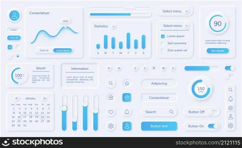 Neumorphic user interface elements, mobile app ui design kit. Buttons, bars, sliders in neumorphism style for website or dashboard vector set. Menu with different minimal components. Neumorphic user interface elements, mobile app ui design kit. Buttons, bars, sliders in neumorphism style for website or dashboard vector set