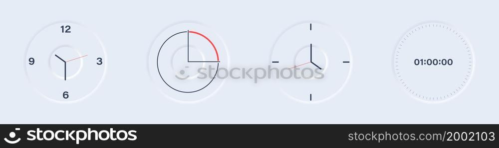 Neumorphism clock or timer set. Vector illustration. Stopwatch or countdown in neumorphic style.