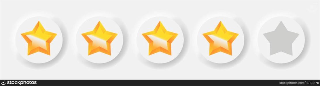 Neumorphism golden stars rating neumorphic buttons, vector review, gold star set rate illustration