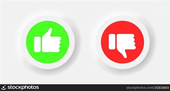 Neumorphism thumb up and down icon collection, neumorphic red and green flat do`s and don`ts like and unlike yes and no vector symbol isolated illustration.