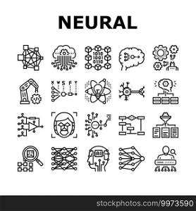 Neural Network And Ai Collection Icons Set Vector. Biological And Binary Neural Network, Mathematical And Artificial Model, Algorithm And Learn Black Contour Illustrations. Neural Network And Ai Collection Icons Set Vector