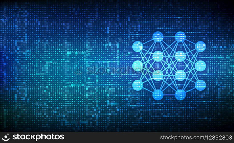 Neural network icon made with binary code. AI. Artificial Intelligence. Machine Learning. Deep learning. Big data analysis technology. Digital code background with digits 1.0. Vector Illustration. Neural network icon made with binary code. AI. Artificial Intelligence. Machine Learning. Deep learning. Big data analysis technology. Digital code background with digits 1.0. Vector Illustration.