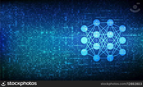 Neural network icon made with binary code. AI. Artificial Intelligence. Machine Learning. Deep learning. Big data analysis technology. Digital code background with digits 1.0. Vector Illustration. Neural network icon made with binary code. AI. Artificial Intelligence. Machine Learning. Deep learning. Big data analysis technology. Digital code background with digits 1.0. Vector Illustration.