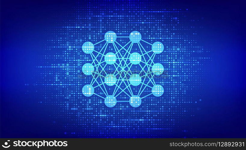 Neural network icon made with binary code. AI. Artificial Intelligence. Machine Learning. Deep learning. Big data analysis technology. Digital code background with digits 1.0. Vector Illustration. Neural network icon made with binary code. AI. Artificial Intelligence. Machine Learning. Deep learning. Big data analysis technology. Digital code background with digits 1.0. Vector Illustration.