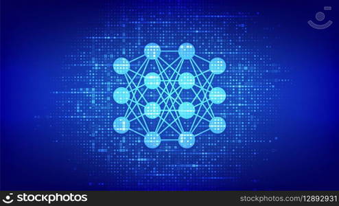 Neural network icon made with binary code. AI. Artificial Intelligence. Machine Learning. Deep learning. Big data analysis technology. Digital code background with digits 1.0. Vector Illustration. Neural network icon made with binary code. AI. Artificial Intelligence. Machine Learning. Deep learning. Big data analysis technology. Digital code background with digits 1.0. Vector Illustration.