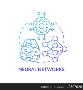 Neural networks blue gradient concept icon. Interconnected nodes. Field of machine learning abstract idea thin line illustration. Isolated outline drawing. Myriad Pro-Bold font used. Neural networks blue gradient concept icon