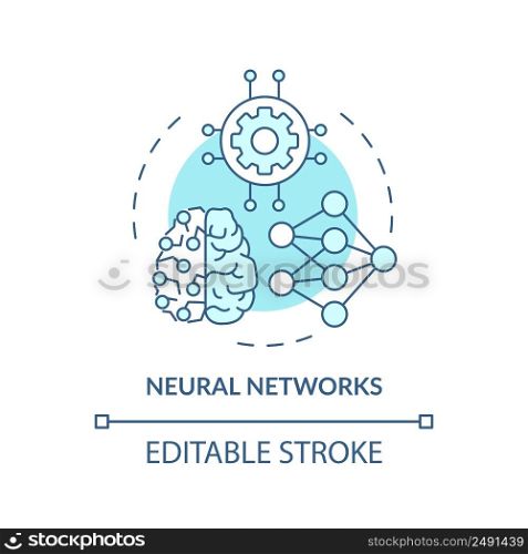Neural networks turquoise concept icon. Interconnected nodes. Machine learning abstract idea thin line illustration. Isolated outline drawing. Editable stroke. Arial, Myriad Pro-Bold fonts used. Neural networks turquoise concept icon