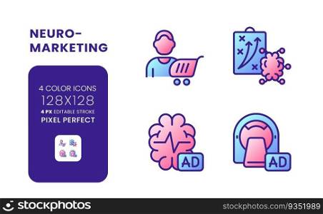Neuro marketing gradient fill desktop icons. Neuromarketing research. Cognitive science. Pixel perfect 128x128, outline 4px. Colorful editable line symbols set. Vector isolated RGB elements. Neuro marketing gradient fill desktop icons