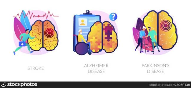 Neurological disorders abstract concept vector illustration set. Stroke, Alzheimer disease, Parkinsons disease. Nervous system and brain issue, symptoms and immune response, trauma abstract metaphor.. Neurological disorders abstract concept vector illustrations.