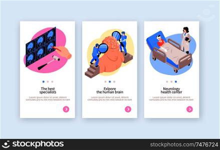 Neurological medical center 3 vertical isometric banners set with scientific brain exploration and healthcare specialists vector illustration