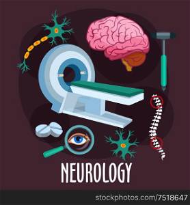 Neurological research of disorders of nervous system flat icon of MRI machine with human brain, dendrite and neuron structure models, spine, eye, pills and medical hammer. Healthcare theme design. Neurology flat symbol with brain research icons