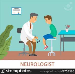 Neurologist examining boy for diagnosis in hospital room. Doctor doing a physical examination of the patient. Male medic with neurological hammer checks the reflexes of the child sitting on the chair. Neurologist examining boy for diagnosis in hospital room. Doctor doing a physical examination