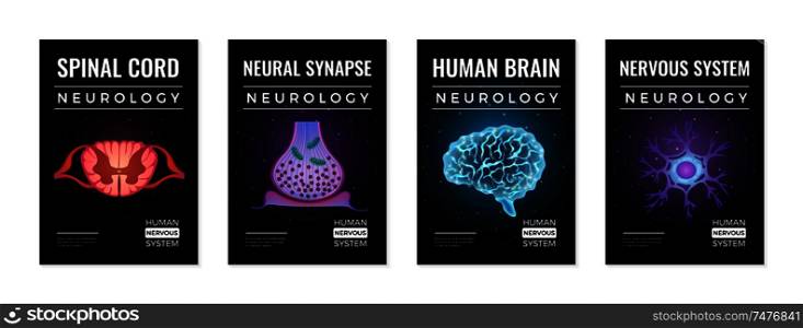 Neurology banners collection of four vertical compositions with editable text and glowing neon molecular brain images vector illustration