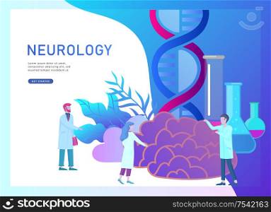 Neurology genetics concept. Flat style little people doctors medical team working, constructing DNA, researching Deoxyribonucleic acid. Brain, Creative mind, learning and design Landing page template.. Neurology genetics concept. Flat style little people doctors medical team working, constructing DNA, researching Deoxyribonucleic acid. Brain, Creative mind