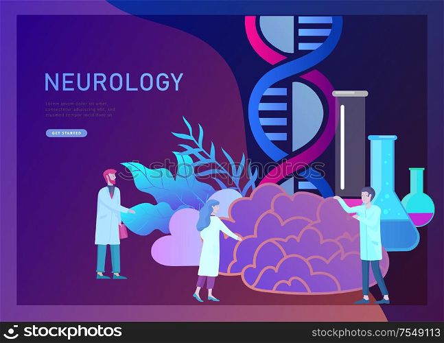 Neurology genetics concept. Flat style little people doctors medical team working, constructing DNA, researching Deoxyribonucleic acid. Brain, Creative mind, learning and design Landing page template.. Neurology genetics concept. Flat style little people doctors medical team working, constructing DNA, researching Deoxyribonucleic acid. Brain, Creative mind