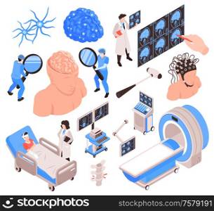 Neurology isometric elements set with medical staff patients tests treatment diagnoses equipment brain mri scanner vector illustration