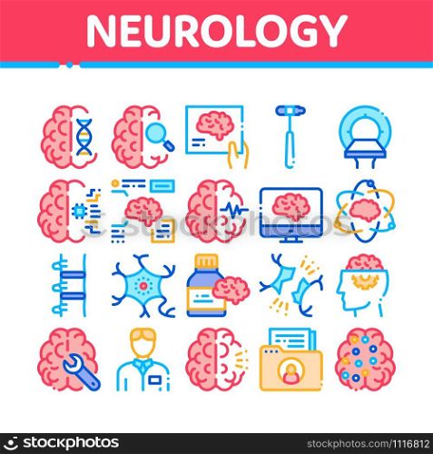 Neurology Medicine Collection Icons Set Vector Thin Line. Neurology Equipment And Neurologist, Brain And Nervous System, Nerves And Files Concept Linear Pictograms. Color Contour Illustrations. Neurology Medicine Collection Icons Set Vector