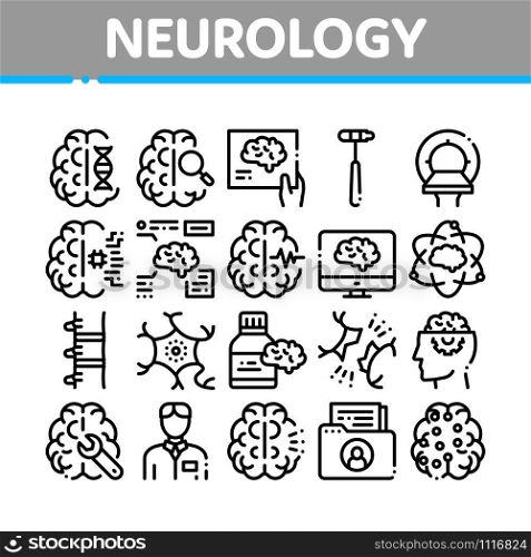 Neurology Medicine Collection Icons Set Vector Thin Line. Neurology Equipment And Neurologist, Brain And Nervous System, Nerves And Files Concept Linear Pictograms. Monochrome Contour Illustrations. Neurology Medicine Collection Icons Set Vector