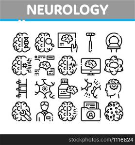 Neurology Medicine Collection Icons Set Vector Thin Line. Neurology Equipment And Neurologist, Brain And Nervous System, Nerves And Files Concept Linear Pictograms. Monochrome Contour Illustrations. Neurology Medicine Collection Icons Set Vector