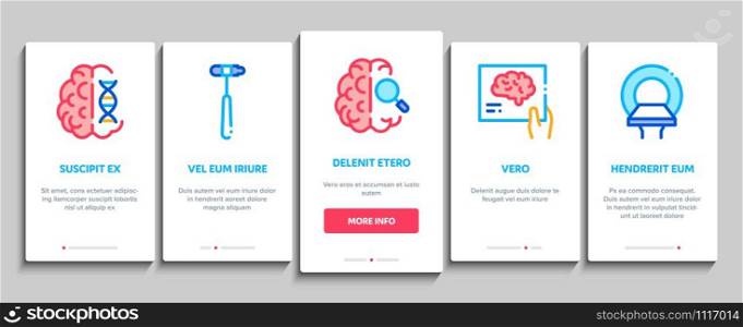 Neurology Medicine Onboarding Mobile App Page Screen. Neurology Equipment And Neurologist, Brain And Nervous System, Nerves And Files Concept Illustrations. Neurology Medicine Onboarding Elements Icons Set Vector