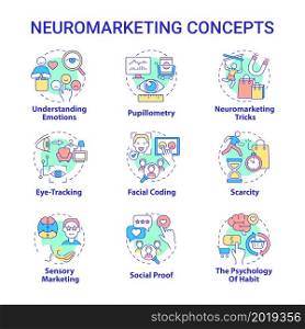 Neuromarketing concept icons set. Neuroscience and psychology. Sensory marketing. Customer behavior tracking idea thin line color illustrations. Vector isolated outline drawings. Editable stroke. Neuromarketing concept icons set