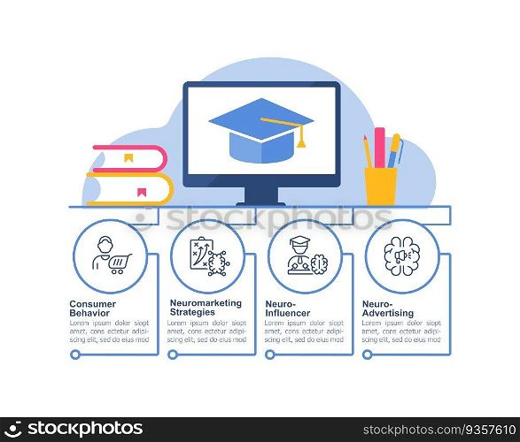 Neuromarketing course infographic chart design template. Digital marketing. Editable infochart with icons. Instructional graphics with step sequence. Visual data presentation. Arial font used. Neuromarketing course infographic chart design template
