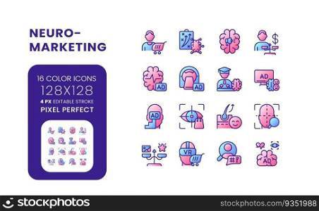 Neuromarketing gradient fill desktop icons. Consumer neuroscience. Effective marketing campaign. Pixel perfect 128x128, outline 4px. Colorful editable line symbols set. Vector isolated RGB elements. Neuromarketing gradient fill desktop icons