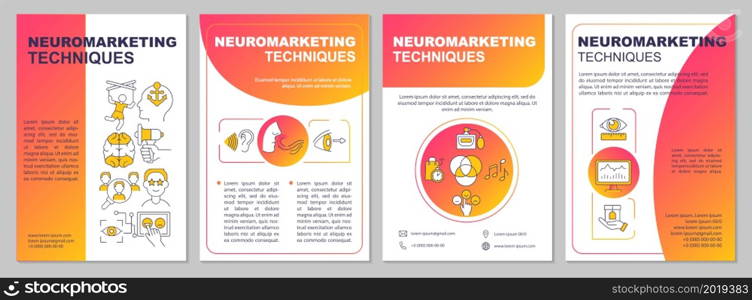 Neuromarketing methods brochure template. Customer senses impact. Flyer, booklet, leaflet print, cover design with linear icons. Vector layouts for presentation, annual reports, advertisement pages. Neuromarketing methods brochure template