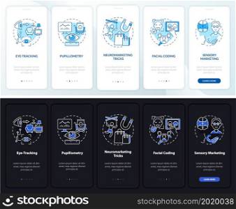 Neuromarketing methods onboarding mobile app page screen. Facial coding walkthrough 5 steps graphic instructions with concepts. UI, UX, GUI vector template with linear night and day mode illustrations. Neuromarketing methods onboarding mobile app page screen