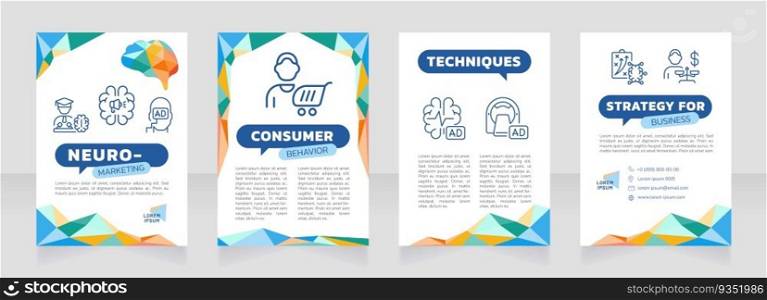 Neuromarketing multicolor premade brochure template. Consumer behavior. Marketing strategy. Neuroscience booklet design with icons, copy space. Editable 4 layouts. Roboto light, Kanit fonts used. Neuromarketing multicolor premade brochure template