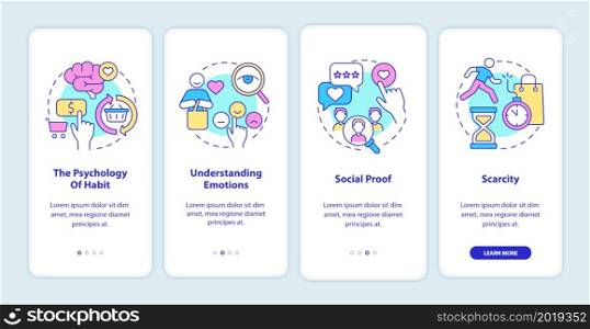 Neuromarketing principles onboarding mobile app page screen. Psychology of habits walkthrough 4 steps graphic instructions with concepts. UI, UX, GUI vector template with linear color illustrations. Neuromarketing principles onboarding mobile app page screen