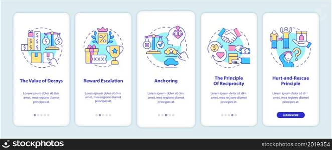 Neuromarketing rules onboarding mobile app page screen. Hurt and rescue principle walkthrough 5 steps graphic instructions with concepts. UI, UX, GUI vector template with linear color illustrations. Neuromarketing rules onboarding mobile app page screen