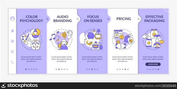 Neuromarketing tools onboarding vector template. Responsive mobile website with icons. Web page walkthrough 5 step screens. Focusing on customers senses color concept with linear illustrations. Neuromarketing tools onboarding vector template
